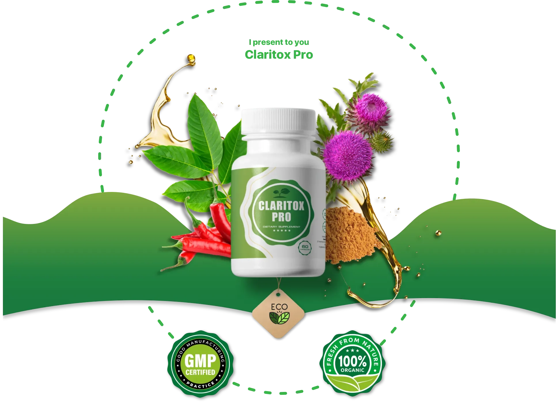 Vendor promotional Claritox Pro bottle artwork with botanicals and decorative green background